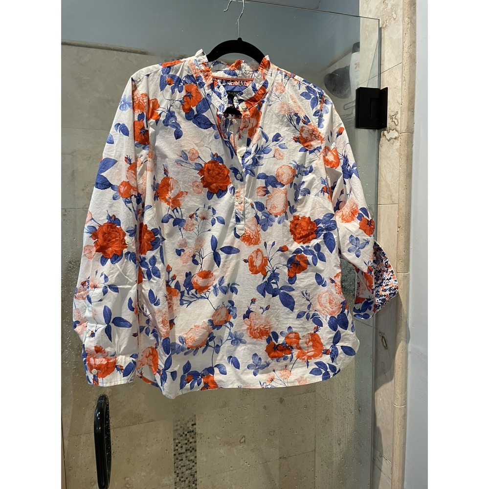 Talbots Petite LP Floral Rose 1/4 Button Front Blouse Orange Blue White Cotton